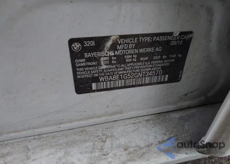 2016 BMW 320I z USA, uszkodzony, nr VIN WBA8E1G52GNT34570